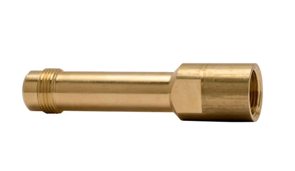 Messnippel-Verlängerung aus Messing, zylindrisch mit Gewinden an beiden Enden. Hersteller: IMI Hydronic Engineering.